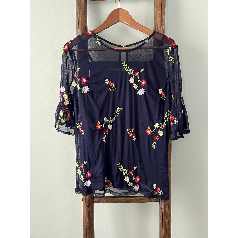 Harlow Rose Embroidered Mesh Top Bell Sleeve Blouse Semi Sheer Navy Size S